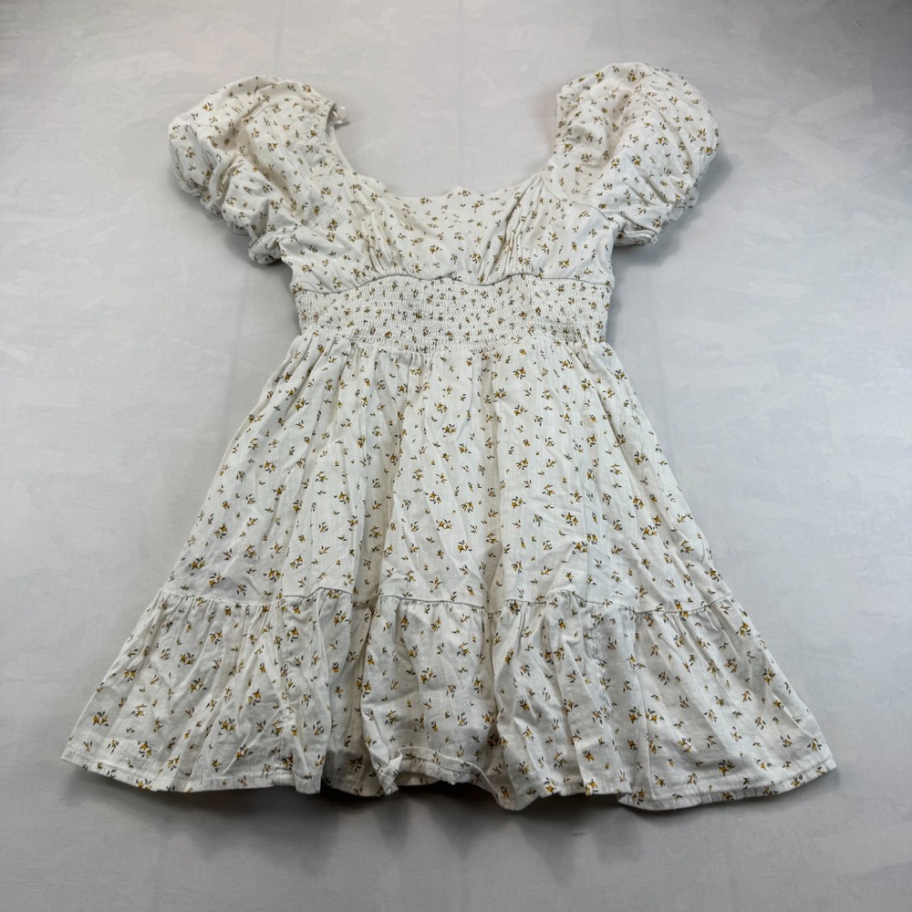BP Nordstrom Mini Dress Womens M White Yellow Floral Puff Sleeve Smocked Waist